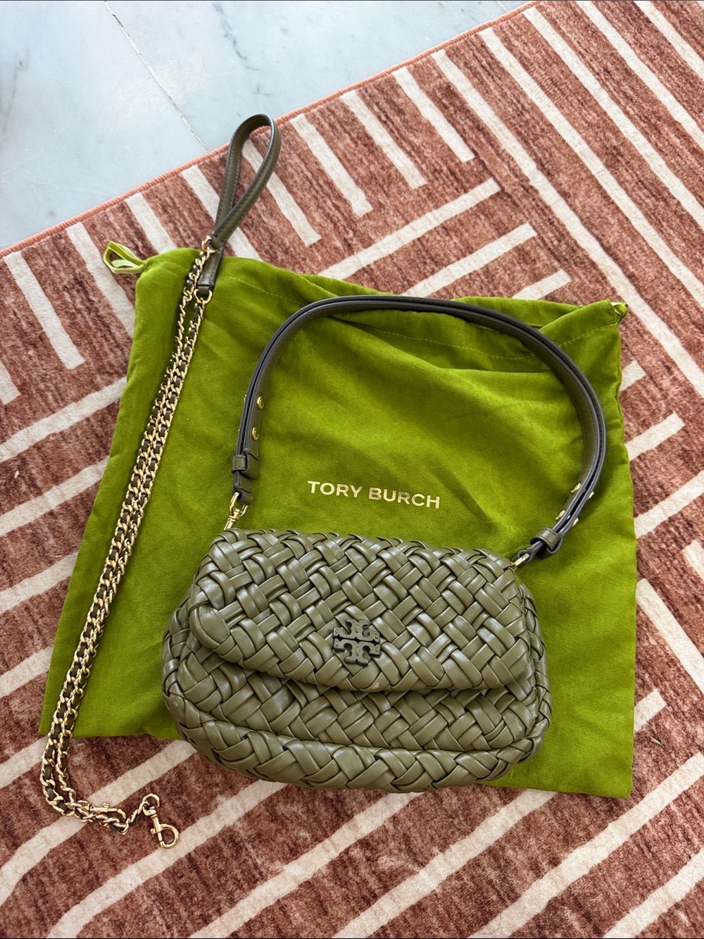 Tory Burch Olive Woven Leather Shoulder Bag with Gold Chain